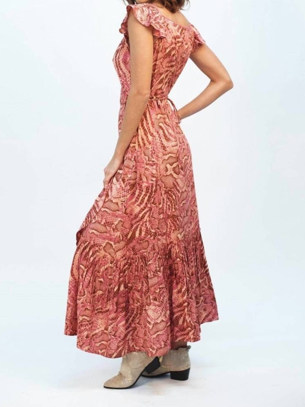 NWT Z&L Floral Pink High-Low Wrap Maxi Dress Ruffle Shoulder S - Picture 4 of 12